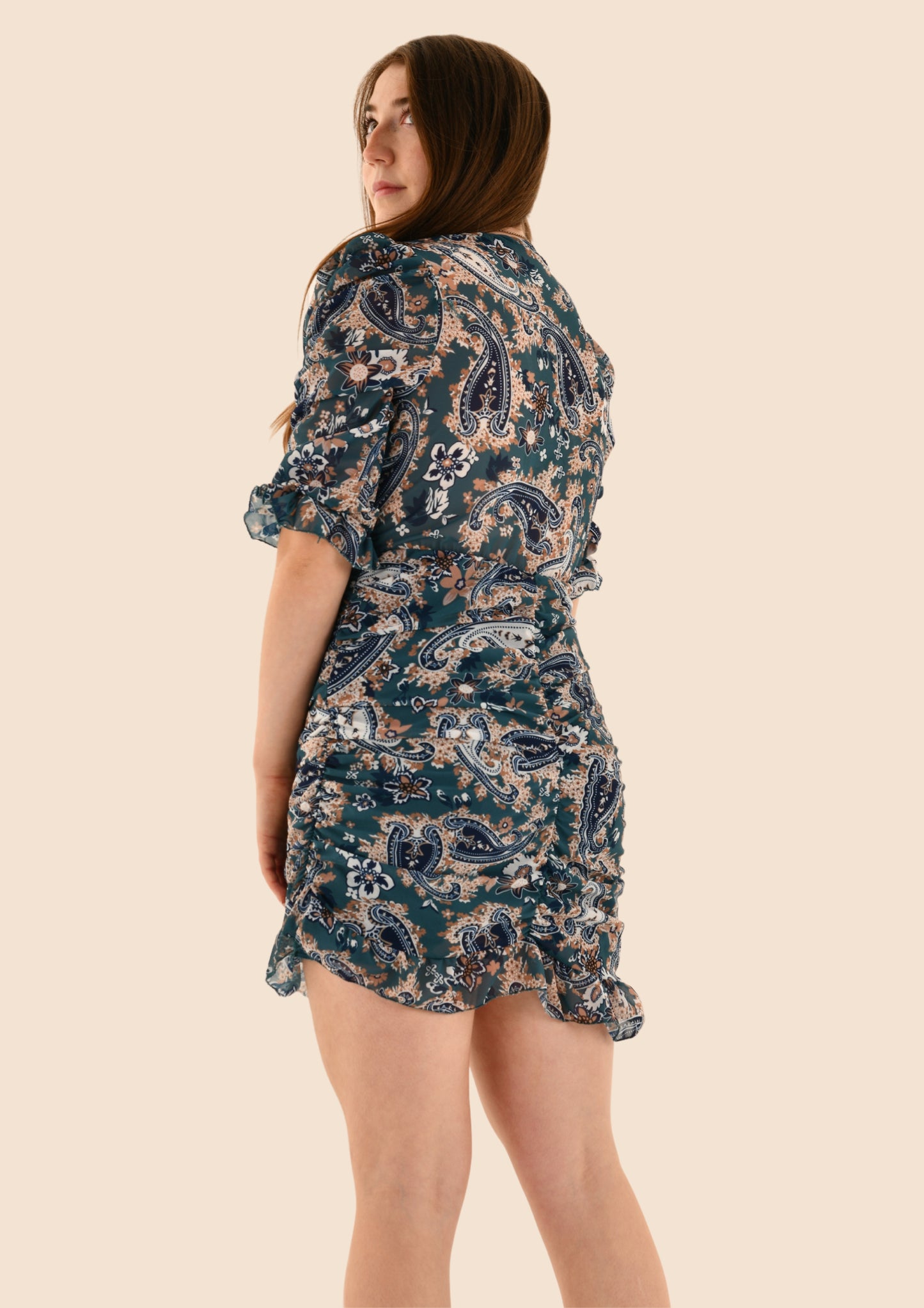 Deep V-neck Short Sleeve Stretchy Patterned Dress (2 colours)