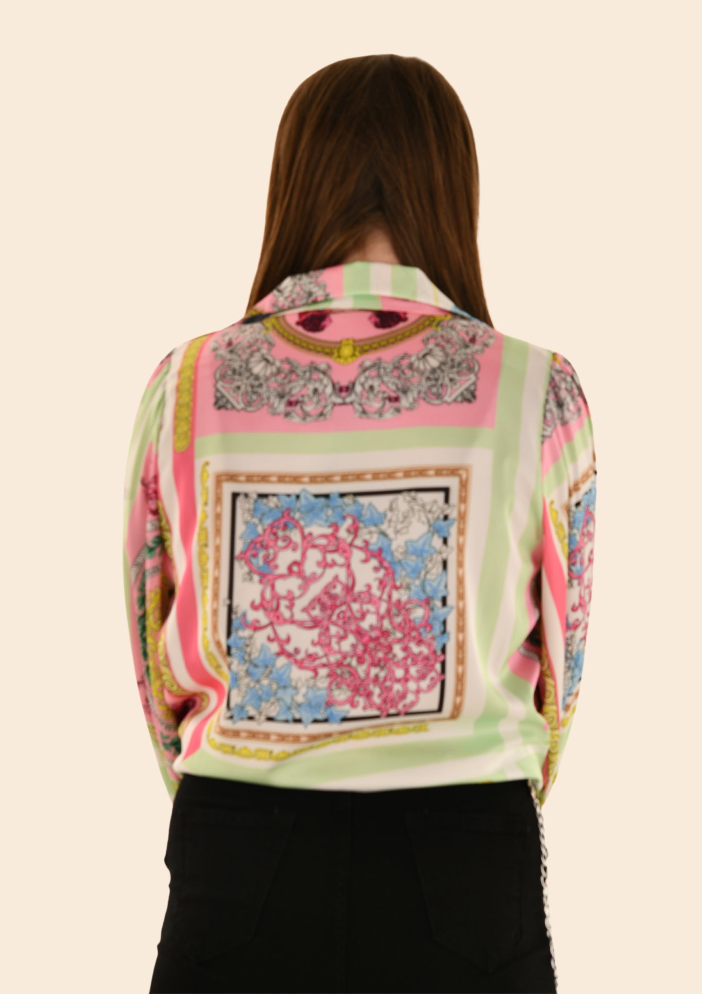 Loose Satin Patterned Shirt/w Tied Detail In Front