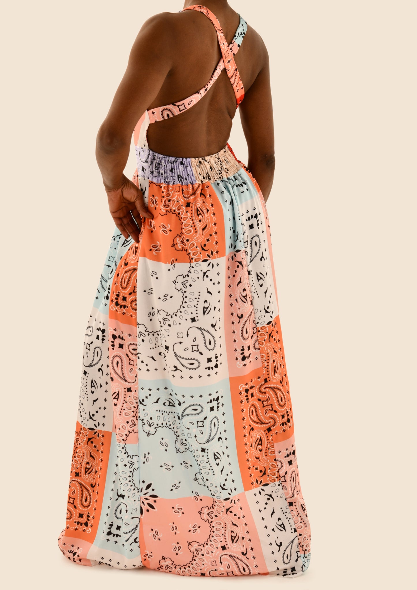 Maxi Patterned Shoulder Strap V-neck Backless Dress (2 colours)