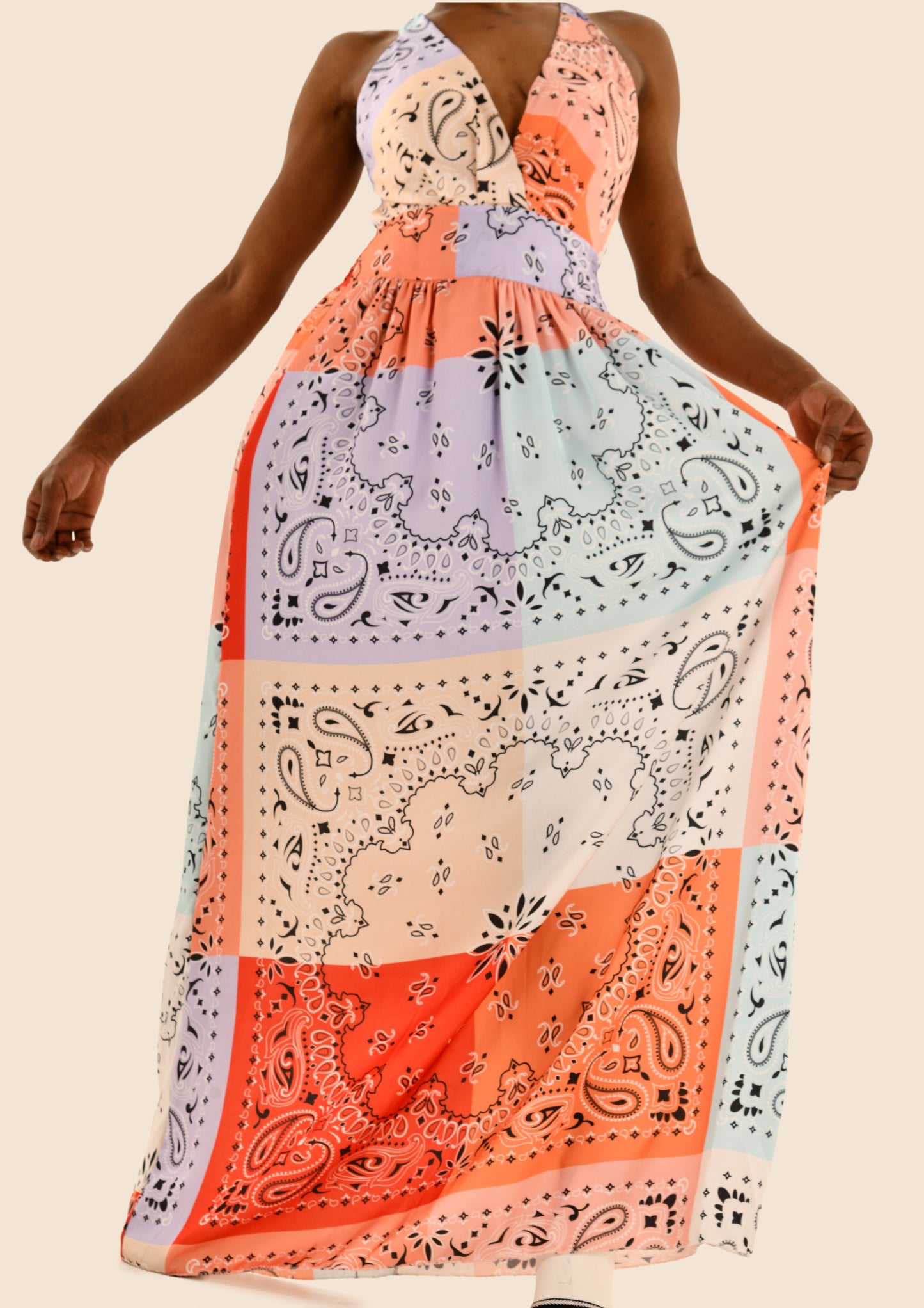Maxi Patterned Shoulder Strap V-neck Backless Dress (2 colours)