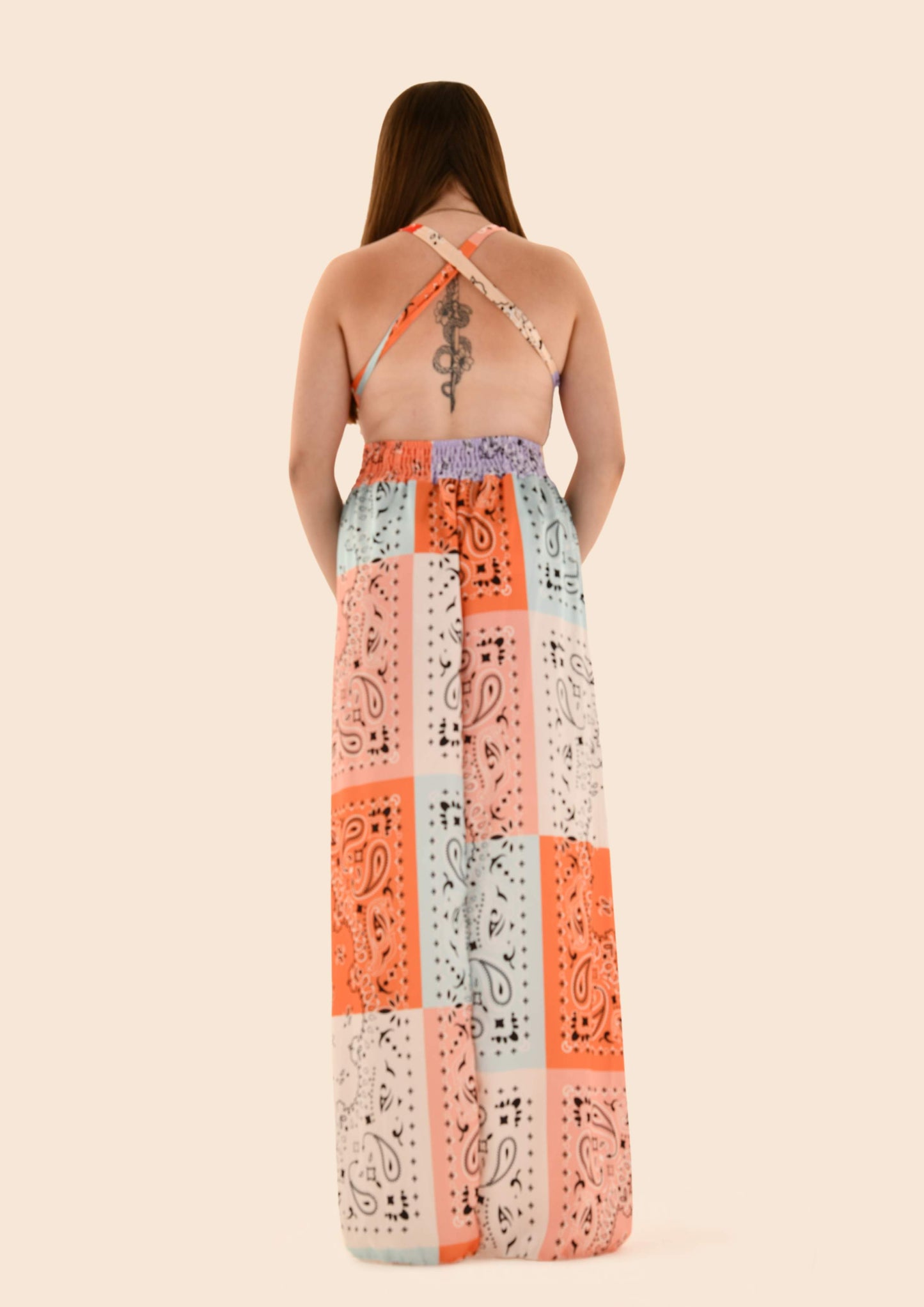 Maxi Patterned Shoulder Strap V-neck Backless Dress