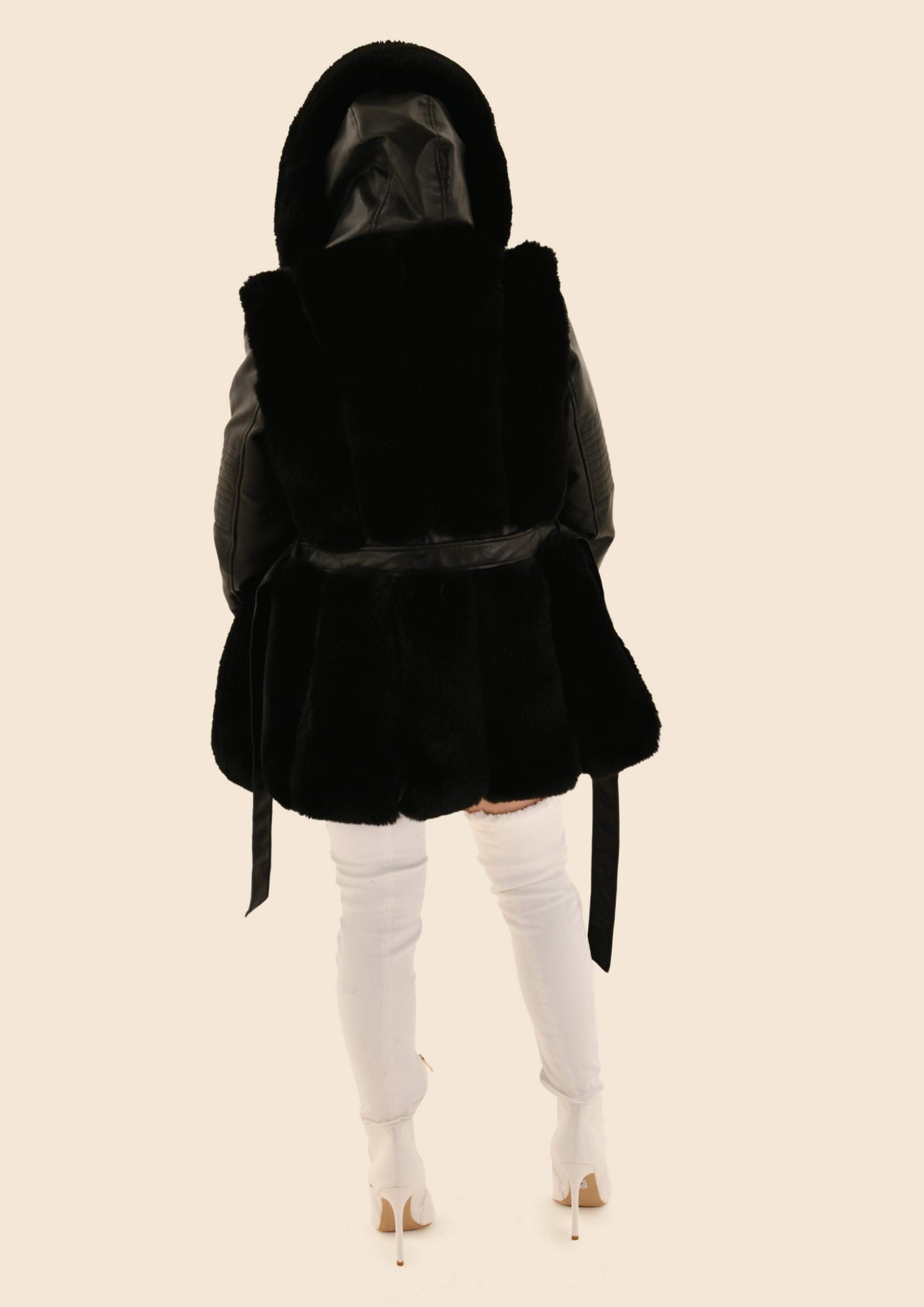 Vegan Leather Fur Hooded Coat