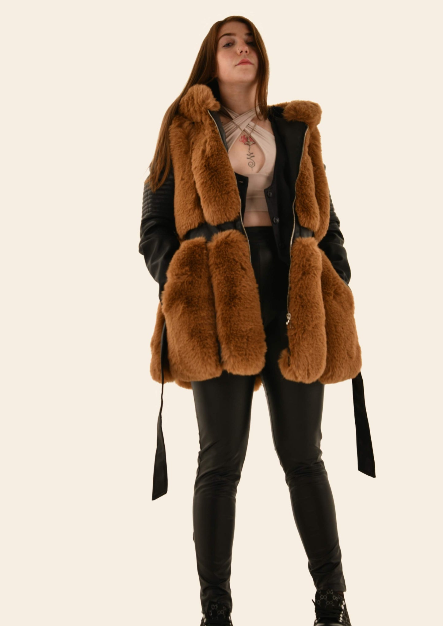 Vegan Leather Fur Hooded Coat