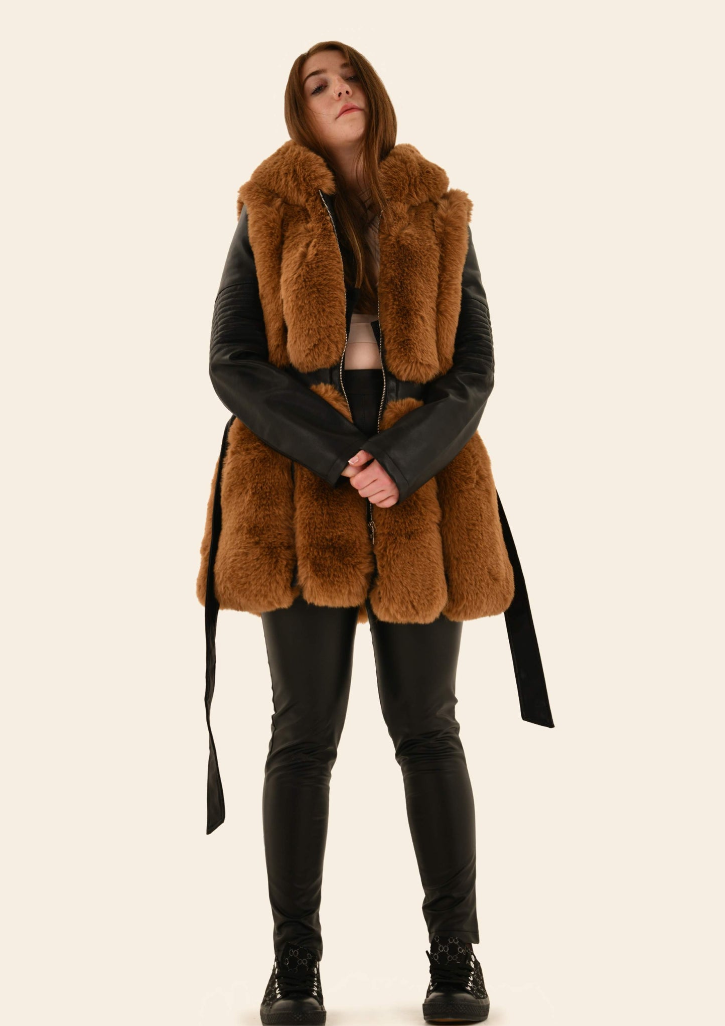 Vegan Leather Fur Hooded Coat