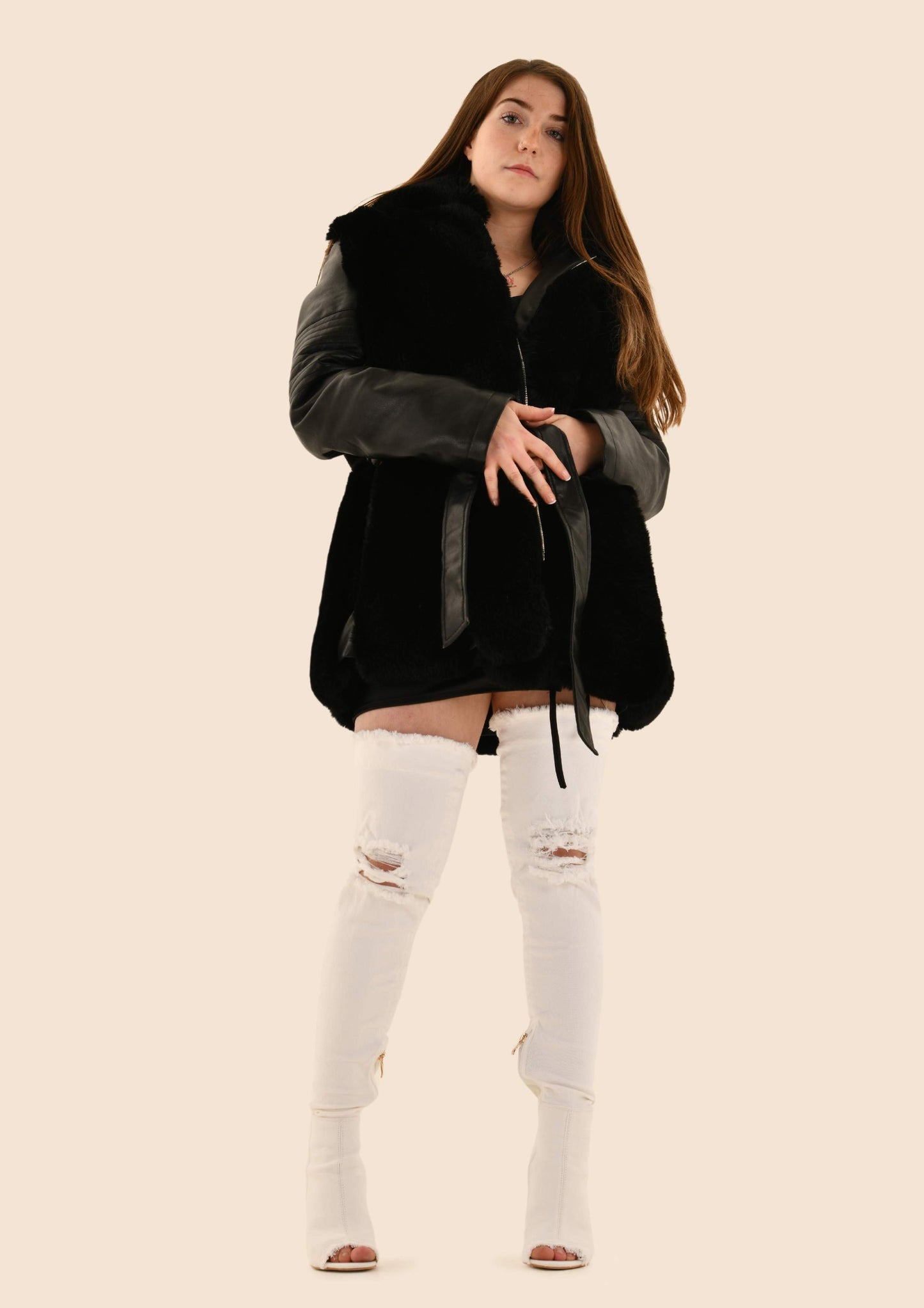 Vegan Leather Fur Hooded Coat