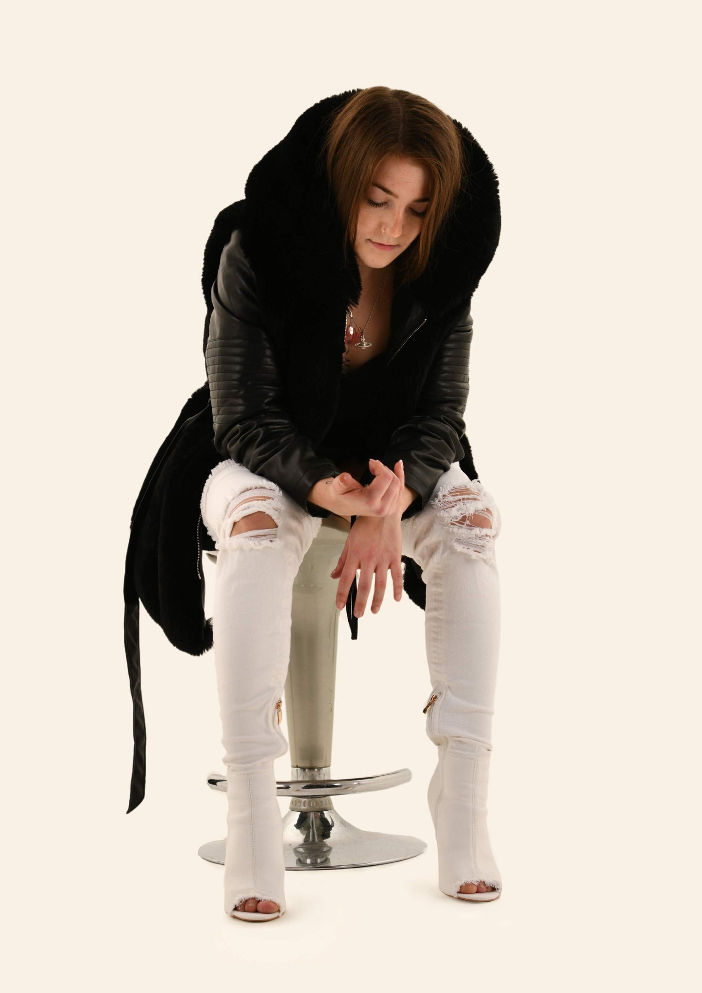 Vegan Leather Fur Hooded Coat