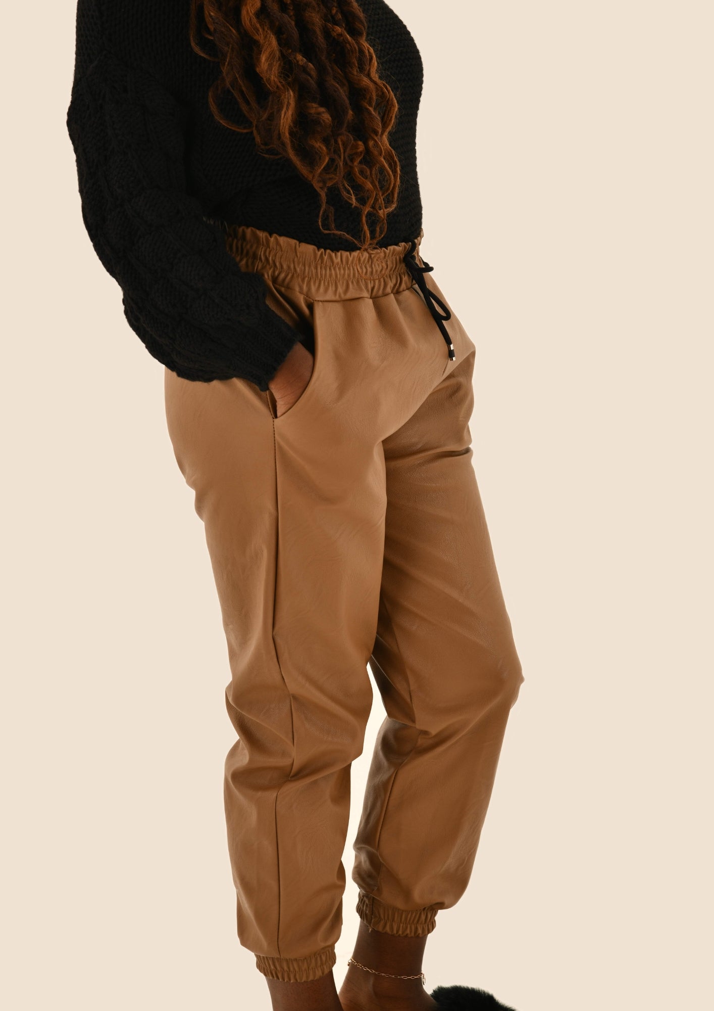 String Tied Leatherette Joggers