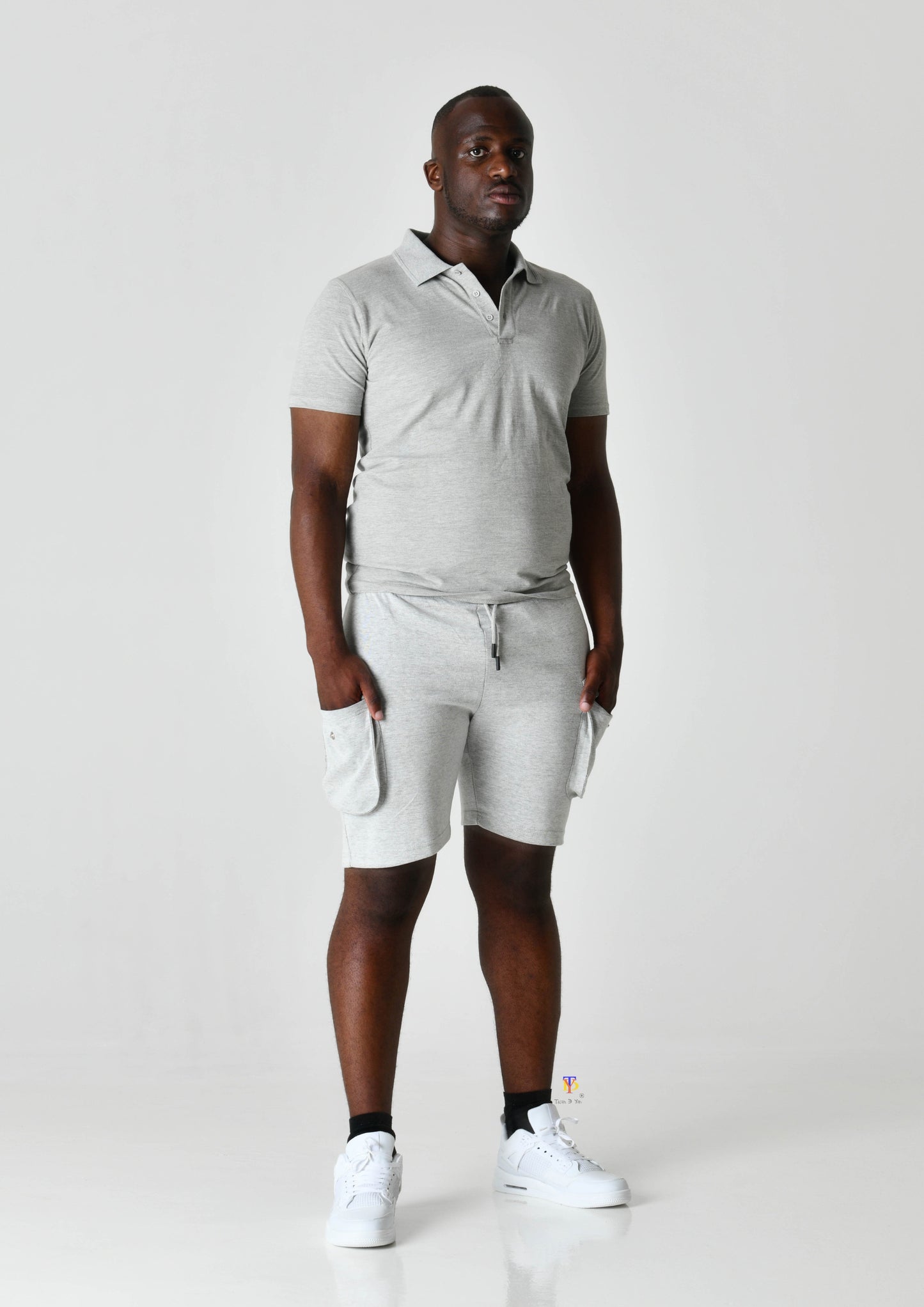 Grey Polo & Cargo Shorts Set