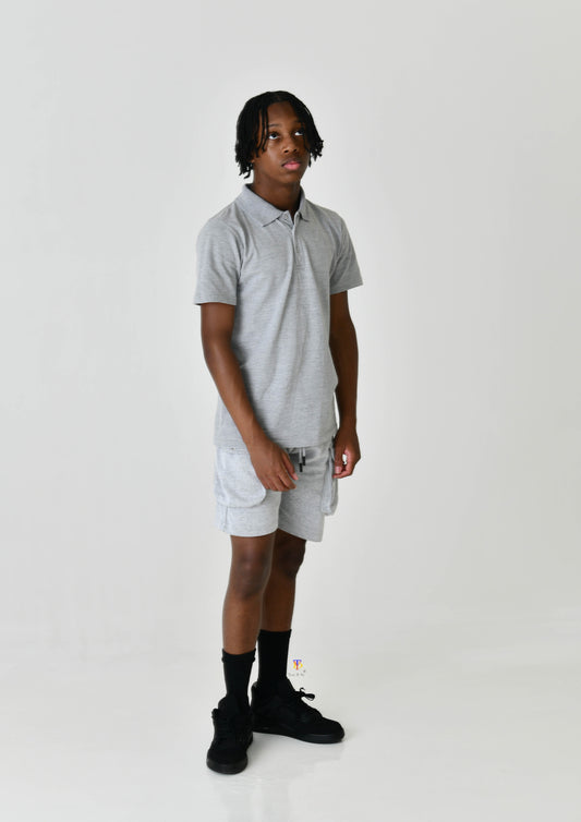 Grey Polo & Cargo Shorts Set