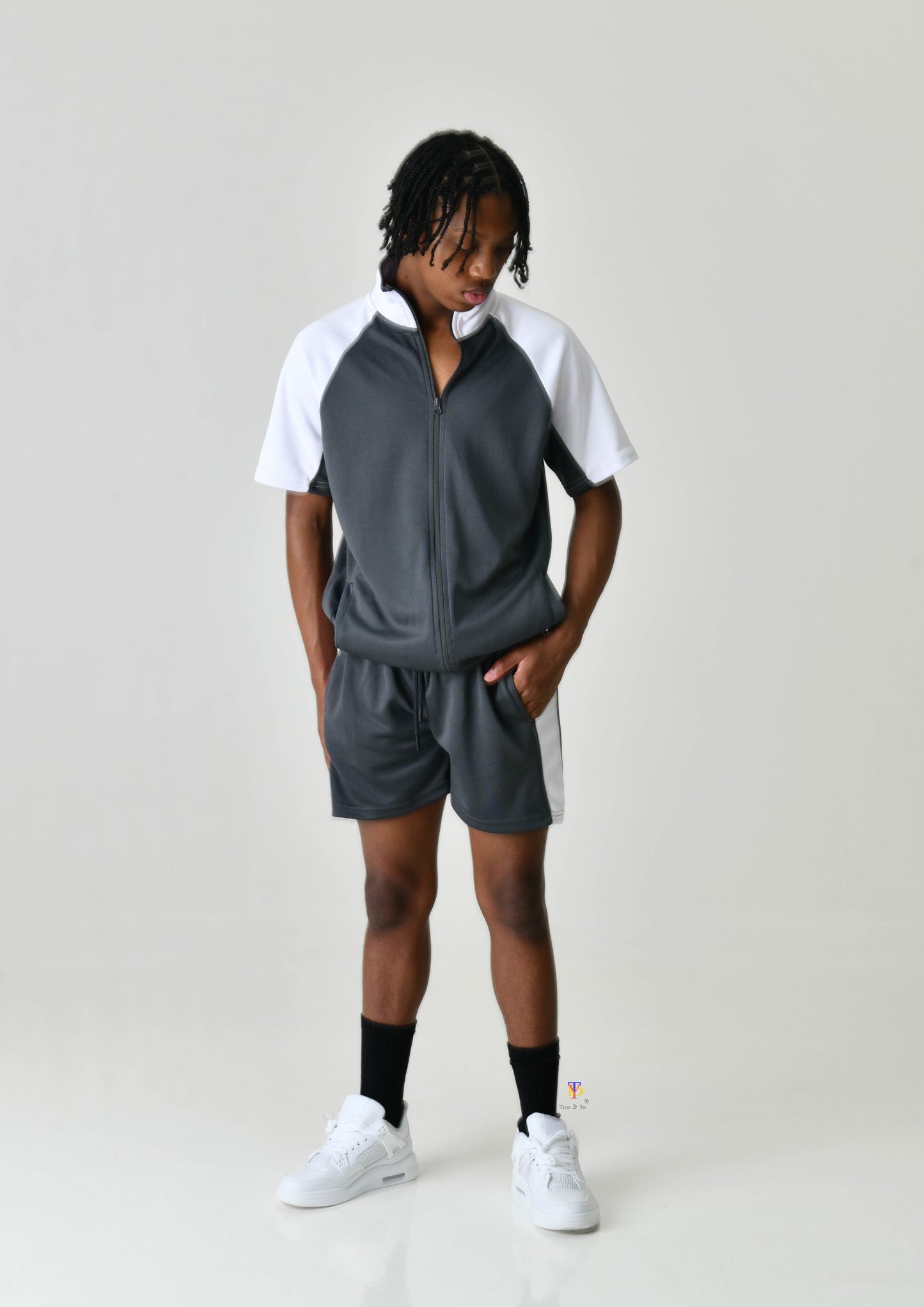 Grey & White Panel Short Set
