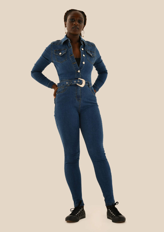 Long-sleeved Denim Jumpsuit