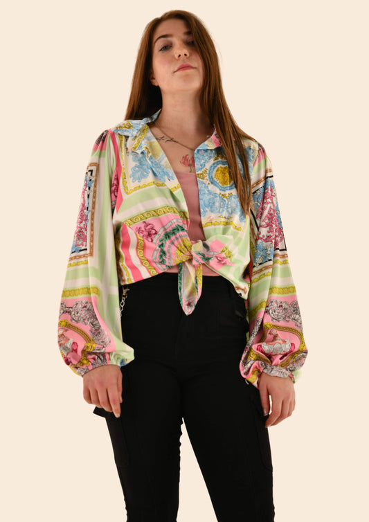 Loose Satin Patterned Shirt/w Tied Detail In Front