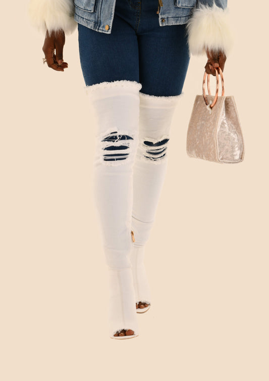 Distressed Denim Thigh High Boots